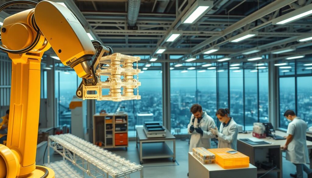 Innovative materials engineering: a high-tech laboratory showcasing cutting-edge composite structures, 3D-printed polymers, and advanced concrete mixtures. Beams and girders constructed with novel tensile materials glow under bright, evenly-distributed lighting, creating a sense of scientific progress. The foreground features a gleaming robotic arm assembling a lightweight, modular building component. In the middle ground, researchers in white coats examine material samples under microscopes. The background reveals a panoramic cityscape, hinting at the economic potential of these transformative construction technologies.