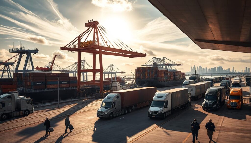 Intermodal transportation hub, bustling with activity. A towering crane lifts containers onto a cargo train, surrounded by docked ships and semi-trucks maneuvering on the paved tarmac. Sunlight filters through wispy clouds, casting warm shadows across the scene. In the foreground, pedestrians traverse the modern, angular architecture, their silhouettes adding a sense of scale. The background features distant skyscrapers, hinting at the interconnected urban landscape. Shot with a wide-angle lens to capture the dynamic interplay of modes, the image conveys the efficiency and integration of a well-designed multimodal transport solution.