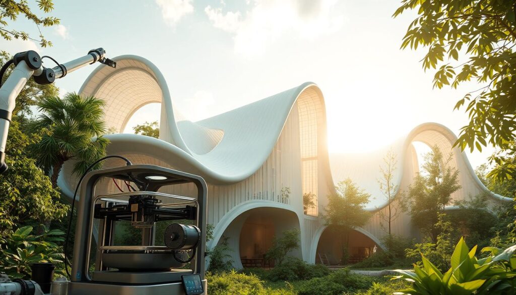 Intricate 3D-printed architectural structures rise amidst a lush, verdant landscape. Sustainable materials like recycled plastics and biopolymers form curvaceous, organic shapes that harmonize with the natural surroundings. Sunlight filters through translucent panels, casting a warm, inviting glow. Robotic arms precisely place each structural element, demonstrating the precision and efficiency of additive manufacturing. In the foreground, a 3D printer extrudes layers of eco-friendly compounds, creating a new section of the building. The scene conveys a future where construction is both technologically advanced and environmentally conscious, blending innovation with a respect for nature.