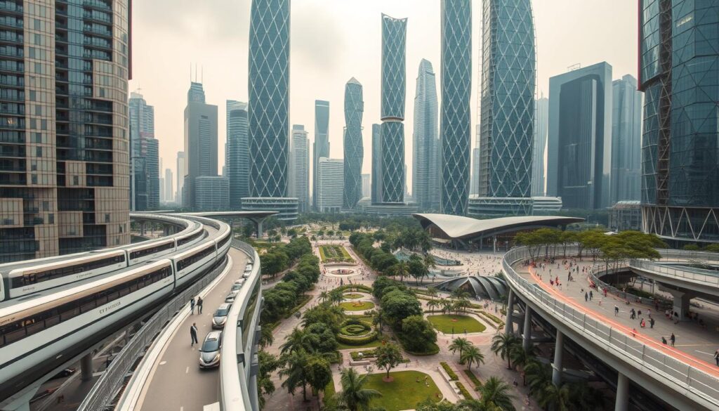 Intricate cityscape of futuristic urban infrastructure, showcasing the intersection of modern architecture, transportation, and sustainability. In the foreground, elevated monorails and electric vehicles glide past sleek, glass-paneled high-rises powered by renewable energy sources. The middle ground features lush, verdant public parks and pedestrian-friendly plazas, while the background is dominated by towering skyscrapers with intricate, geometric designs. Soft, diffused lighting illuminates the scene, creating a sense of harmony and progress. Captured through the lens of a wide-angle camera, conveying the scale and vision of a thriving, technologically-advanced metropolitan area.