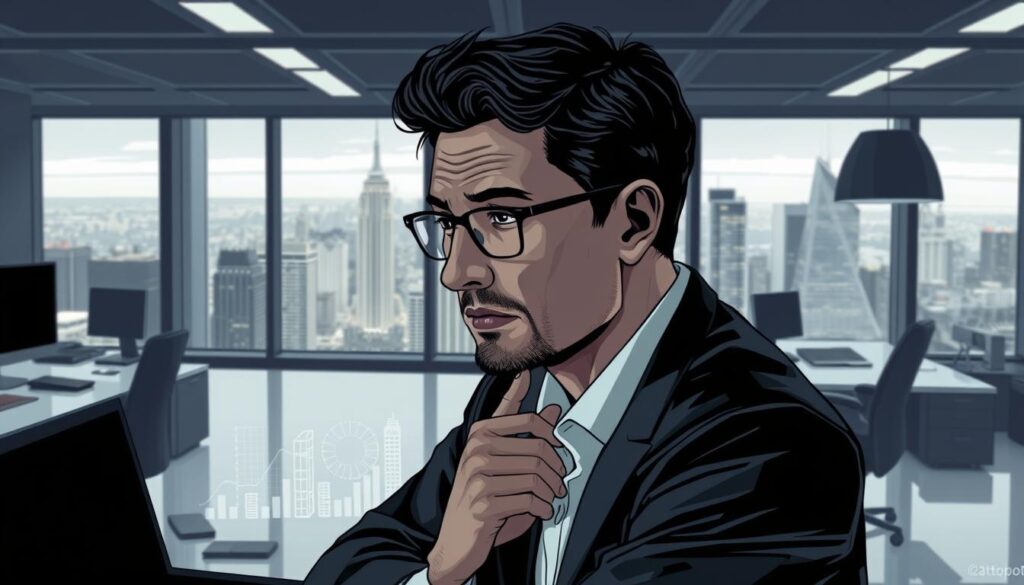 Intricate illustration of a software engineer contemplating salary negotiation strategies, set against a backdrop of sleek office decor. Crisp lighting illuminates the engineer's focused expression, capturing the gravity of the moment. Subtle hints of technology and data analytics accessories populate the middle ground, hinting at the engineer's expertise. The background showcases a panoramic city skyline, conveying the high-stakes professional environment. Rendered with a muted color palette and a touch of photorealism, the overall scene exudes an air of seriousness and thoughtfulness befitting the subject matter.