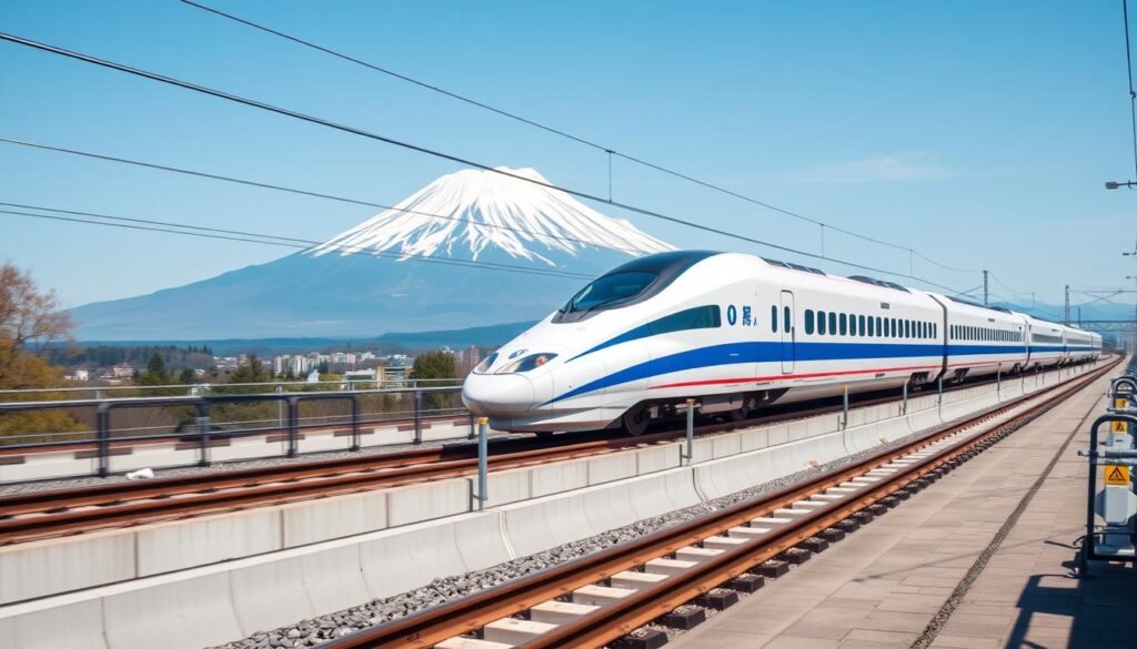 Japan's Shinkansen bullet train on dedicated high-speed track with Mount Fuji in background