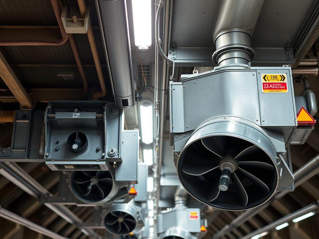 Jet fans installed in the ceiling of a rail tunnel with visible mounting brackets and airflow direction indicators Jet fans installed in the ceiling of a rail tunnel with visible mounting brackets and airflow direction indicators