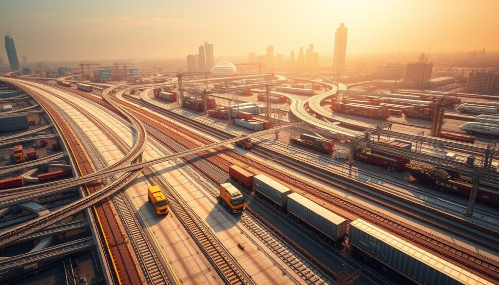 Logistics optimization: a complex network of interconnected transportation routes, warehouses, and distribution hubs. In the foreground, a fleet of cargo trucks and freight trains navigating a sprawling logistics hub, their paths meticulously coordinated. In the middle ground, a bird's-eye view of the intricate web of roads, railways, and shipping lanes, with data visualizations and analytical dashboards overlaying the scene. In the background, a futuristic cityscape, its skyscrapers and infrastructure designed to support the smooth flow of goods and materials. Warm lighting casts a sense of efficiency and purpose, while a subtle haze suggests the challenges of balancing optimal routes, capacity, and cost. The overall image conveys the essential role of logistics in modern transportation networks.