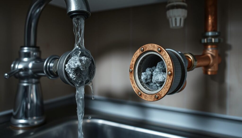 Low water pressure in kitchen caused by clogged aerator, mineral buildup in pipes, and leaky faucet. Close-up shot of sink faucet with water flow reduced to a trickle. Detailed view of aerator screen obscured by mineral deposits. Cross-section of copper pipes with visible scale buildup. Dim lighting and desaturated color palette to convey frustration and inconvenience. Emphasize technical details while evoking a sense of household problem that needs resolving.