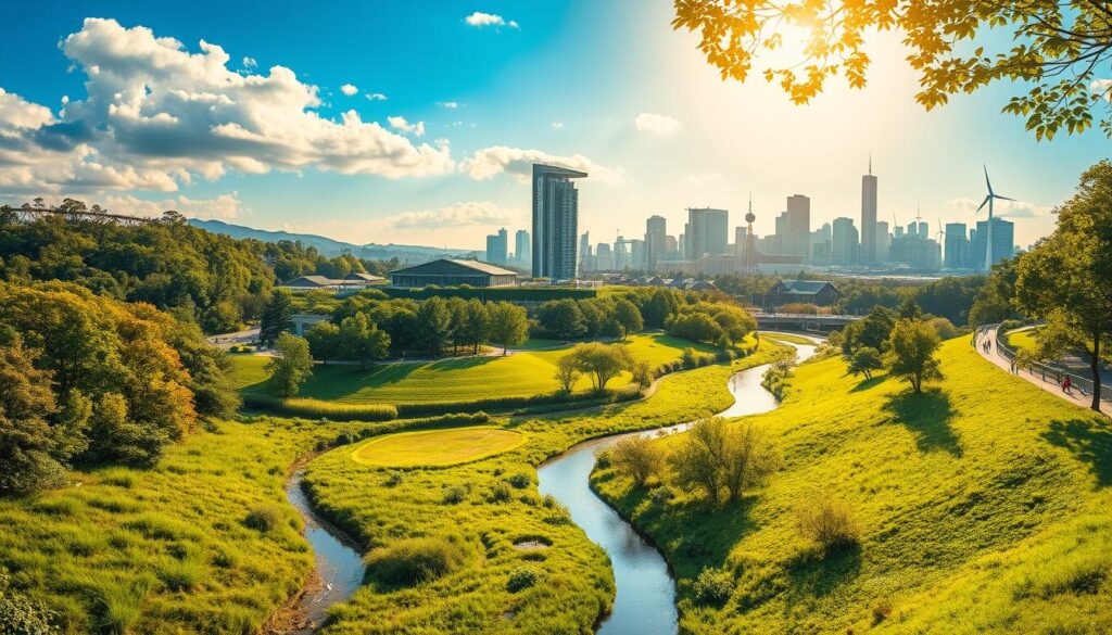 Lush, verdant landscape bathed in warm, golden sunlight. In the foreground, a winding river meanders through rolling hills, its banks lined with thriving wetlands and bioswales. Overhead, a canopy of towering trees filters the light, casting dappled shadows on the ground below. In the middle ground, modern buildings with green roofs and facades stand proudly, showcasing innovative sustainable design. In the distance, a bustling city skyline rises, its towers adorned with solar panels and wind turbines. The scene exudes a sense of harmonious integration between nature and urban infrastructure, conveying the potential for green funding to transform our cities into sustainable, resilient environments.