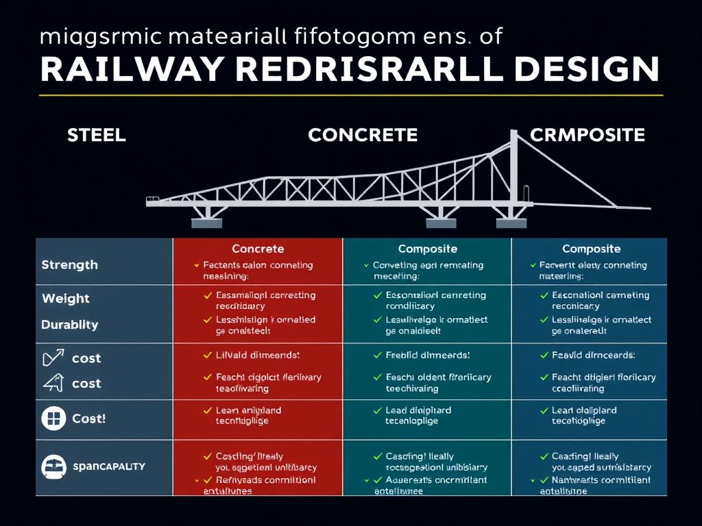Material comparison chart for railway bridge structural design showing steel, concrete, and composite options Material comparison chart for railway bridge structural design showing steel, concrete, and composite options