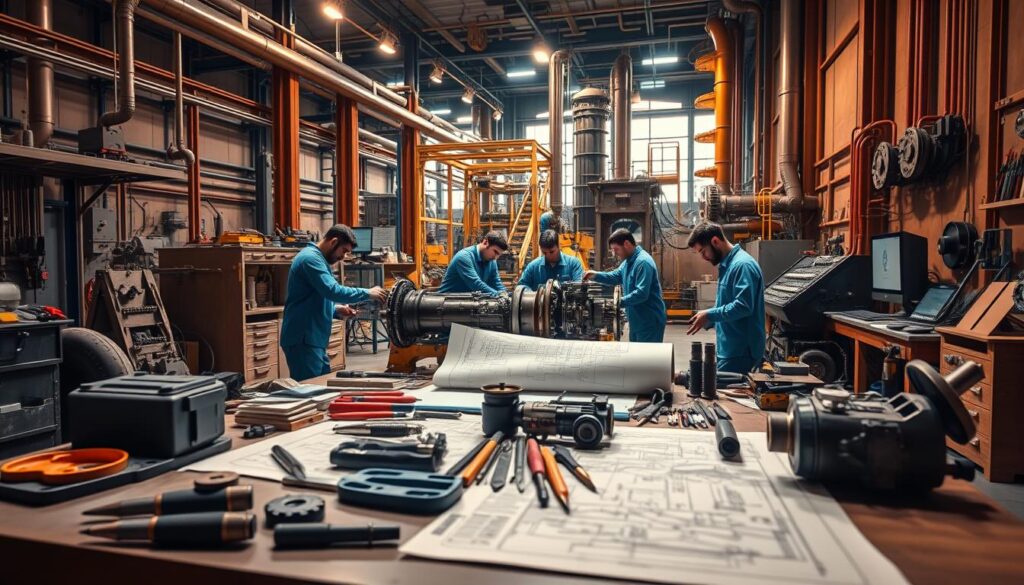 Mechanical Engineering: A Blueprint for Innovation A meticulously detailed, large-scale mechanical engineering workshop, bathed in warm, directional lighting. In the foreground, an array of precision tools, blueprints, and intricate mechanical components laid out on a sturdy workbench. In the middle ground, a group of engineers diligently designing and assembling a complex piece of machinery, their faces focused and intent. In the background, a high-tech, industrial environment with towering machinery, pipes, and gears, suggesting the scale and complexity of the field. The overall atmosphere conveys a sense of technical expertise, problem-solving, and the creation of innovative solutions.