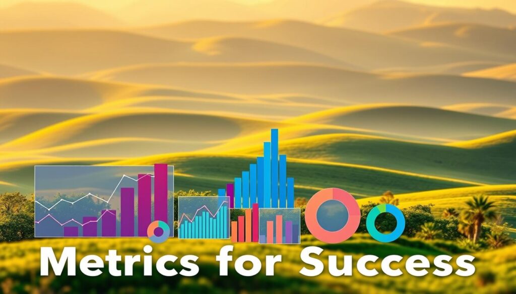 Metrics for Success: A vibrant landscape of data visualizations, charts, and graphs against a backdrop of serene rolling hills. In the foreground, a cluster of line graphs, bar charts, and pie charts, each depicting key performance indicators in a crisp, modern style. The middle ground features a towering bar chart, its bars reaching towards the sky, symbolizing the growth and progress being measured. In the distance, a horizon line of lush, verdant hills, bathed in warm, golden sunlight, creating a sense of balance and harmony between the analytical data and the natural world. The overall mood is one of clarity, achievement, and a deep connection between quantitative measures and qualitative outcomes.