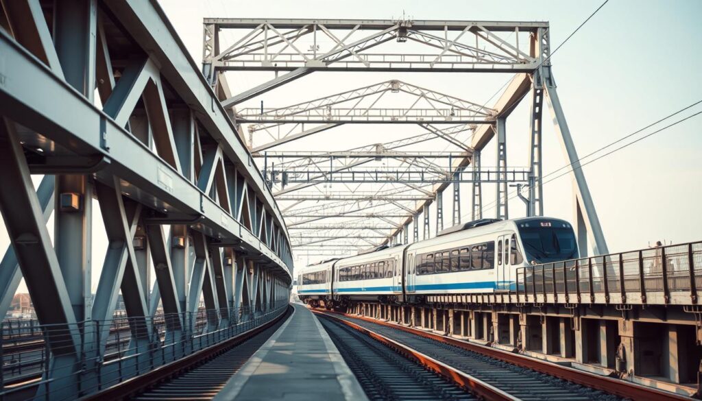 Modern railway bridge structural design showing a train crossing a steel truss bridge