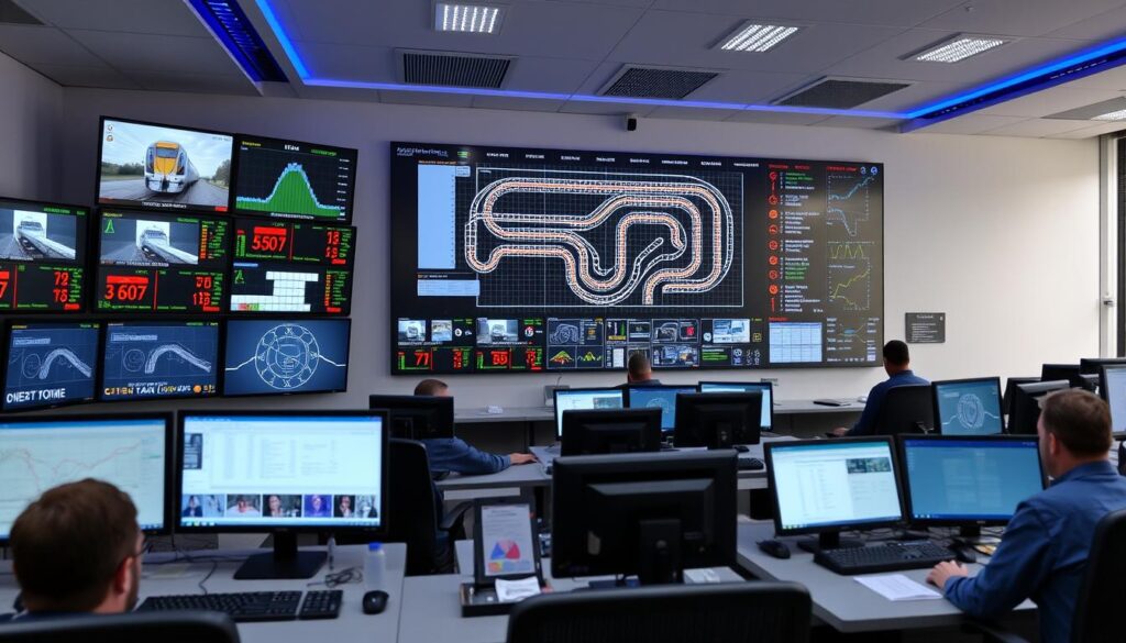 Modern railway signaling control center with multiple displays showing train positions and signal statuses