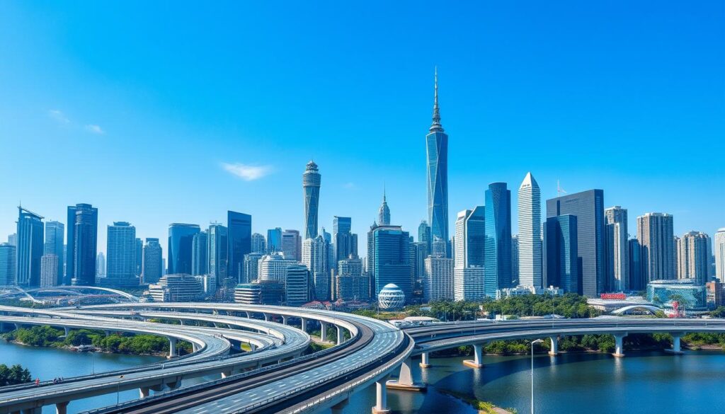 Modern skyline of Southeast Asian city showcasing civil engineering achievements