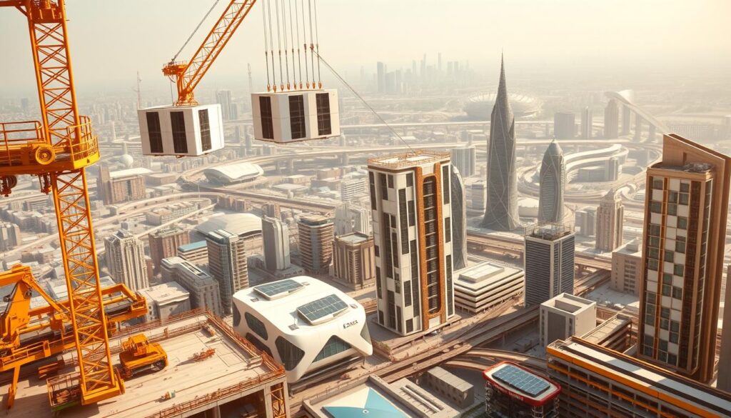 Modular construction applications: a futuristic cityscape featuring sleek, interconnected buildings with versatile, interchangeable panels. The foreground showcases a construction site, with cranes hoisting prefabricated modules into place. In the middle ground, finished modular structures stand tall, their facades adorned with geometric patterns and integrated solar panels. The background depicts a sprawling urban landscape, with skyscrapers and transportation hubs seamlessly incorporating modular design principles. Warm, natural lighting illuminates the scene, creating a sense of efficiency and innovation. Captured through a wide-angle lens, the image conveys the versatility and adaptability of modular construction, inspiring a vision of sustainable, adaptable urban development.
