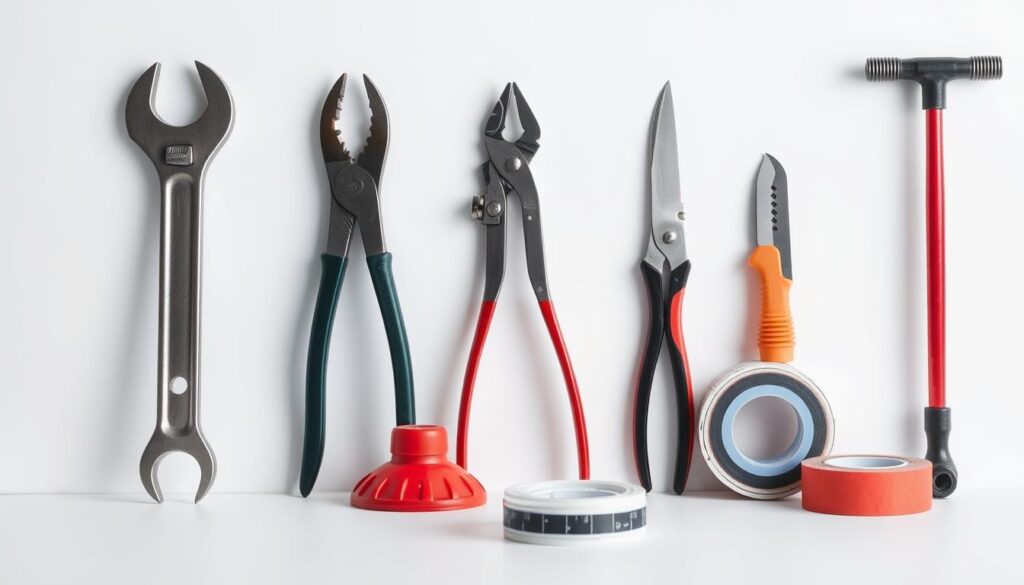 Neatly arranged set of essential plumbing tools for beginners against a clean, bright background. In the foreground, a wrench, pliers, and a plunger stand upright, their metal surfaces gleaming. In the middle ground, a pipe cutter, basin wrench, and a small basin snake coil are positioned, while a utility knife and a roll of Teflon tape occupy the background. Soft, even lighting illuminates the scene, casting subtle shadows that add depth and dimension. The overall mood is one of practicality and simplicity, inviting the viewer to consider these basic tools as the foundation for tackling common plumbing tasks.
