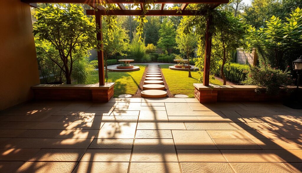 Outdoor paving ideas, a tranquil patio with a mix of natural stone and textured concrete, bathed in warm, golden sunlight. In the foreground, a tasteful arrangement of rectangular pavers in earthy tones, creating a harmonious, geometric pattern. In the middle ground, a mix of circular and square stepping stones, leading the eye towards a lush, verdant garden in the background. Shadows cast by the overhead trellis add depth and dimension, while the gentle breeze rustles the leaves of the surrounding trees, creating a serene and inviting atmosphere. A picturesque scene that captures the essence of a beautifully designed outdoor living space.