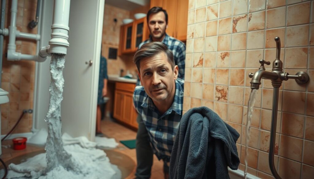 Plumbing emergencies - a burst pipe spilling water, a clogged drain overflowing, and a leaky faucet dripping ceaselessly. In the foreground, the homeowner stands with a concerned expression, surrounded by towels and tools. The middle ground features the damaged plumbing, with water pooling on the floor. The background showcases a typical home interior, with tiled walls and a cabinet suggesting a bathroom setting. Warm, diffused lighting casts an atmosphere of urgency and chaos, as the homeowner scrambles to address the pressing issues. The composition emphasizes the scale and immediacy of the plumbing crisis, inviting the viewer to empathize with the homeowner's predicament.