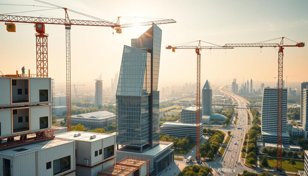 Prefabricated construction techniques in a futuristic, sustainable cityscape. In the foreground, modular building components are being precisely assembled, showcasing the efficiency and precision of offsite manufacturing. In the middle ground, cranes and robotic systems seamlessly integrate these prefabricated elements into a striking, angular high-rise structure. The background features a panoramic view of a gleaming, eco-friendly metropolis, with renewable energy sources, verdant parks, and people navigating the streets via autonomous transportation. Vibrant, diffuse lighting illuminates the scene, casting long, dramatic shadows and highlighting the clean, minimalist aesthetic. The overall atmosphere conveys a sense of technological progress, environmental harmony, and the promise of a sustainable built environment.