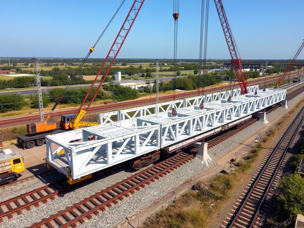 Prefabricated modular railway bridge components being assembled on site Prefabricated modular railway bridge components being assembled on site