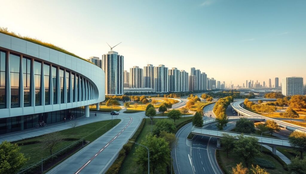 Pristine, minimalist architectural design showcasing sustainable infrastructure principles. In the foreground, a sleek, angular building with large windows and a green roof, surrounded by lush, manicured landscapes. In the middle ground, a network of bike lanes and pedestrian walkways, powered by renewable energy sources. In the background, a skyline of modern, eco-friendly high-rises with integrated renewable energy systems and water conservation features. Warm, natural lighting bathes the scene, conveying a sense of harmony between human-made structures and the natural environment. The overall mood is one of innovation, efficiency, and environmental stewardship.
