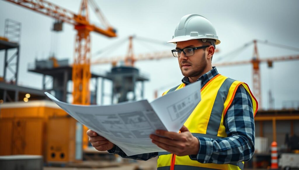 Professional civil engineer reviewing plans at a construction site, demonstrating the benefits of chartered status in the UK