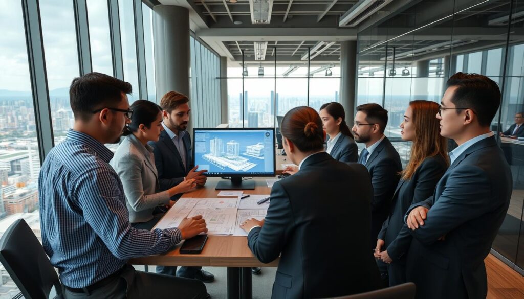 Professional civil engineers in a meeting discussing project details in Southeast Asia