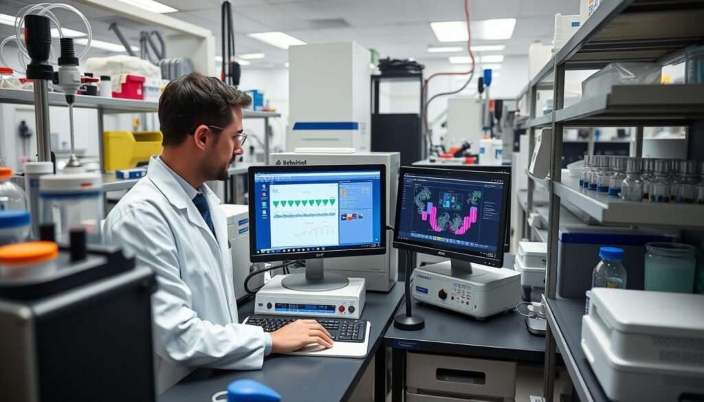 Professional working in a biotechnology research and development laboratory Professional working in a biotechnology research and development laboratory