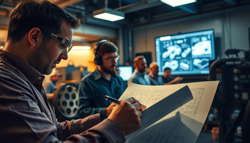 Prompt A remote site engineering services team at work, examining detailed blueprints and technical schematics under a warm, diffused overhead lighting. In the foreground, an engineer carefully annotates the plans, their focused gaze reflected in the subtle glint of safety goggles. The middle ground reveals a group of engineers engaged in animated discussion, gesturing towards a large screen displaying 3D CAD models. In the background, the scene is framed by an array of industrial-grade equipment and cutting-edge diagnostic tools, conveying the advanced capabilities of this remote engineering service. The overall atmosphere is one of collaborative problem-solving, technological expertise, and a dedication to delivering innovative solutions.