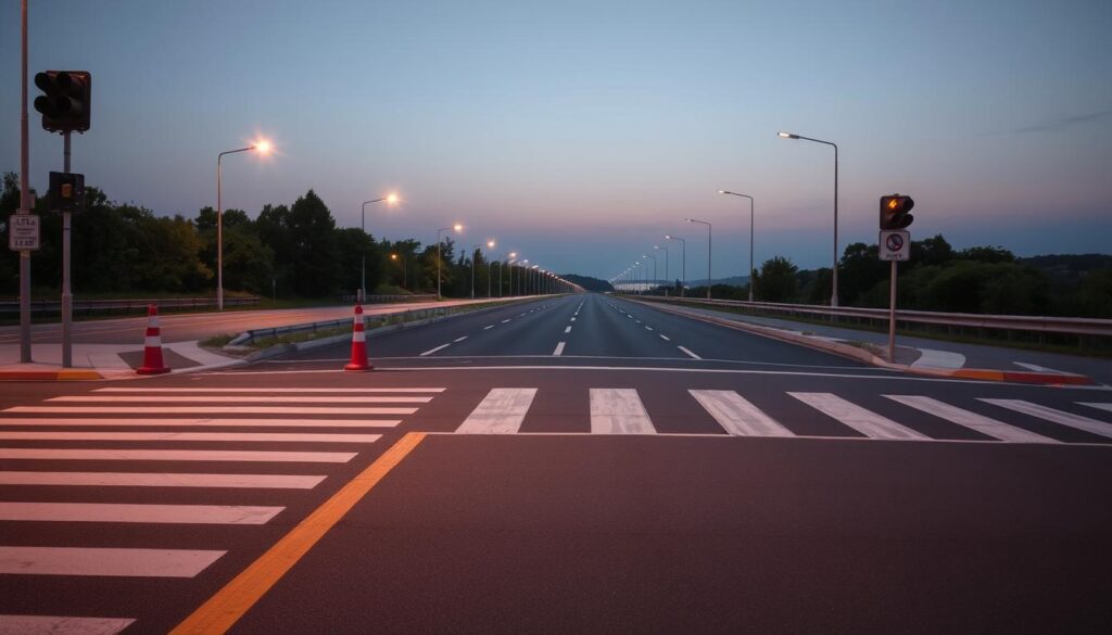 Prompt A serene roadway scene at dusk, illuminated by the warm glow of streetlights. In the foreground, a well-marked pedestrian crossing with blinking signals and safety bollards. In the middle ground, a newly paved road surface with clearly visible lane markings and reflective road studs. In the background, lush greenery and a calming horizon. The scene conveys a sense of safety, order, and attention to engineering details that prioritize the well-being of both drivers and pedestrians. Captured with a wide-angle lens to provide a comprehensive view, the image exudes an atmosphere of tranquility and thoughtful road design.