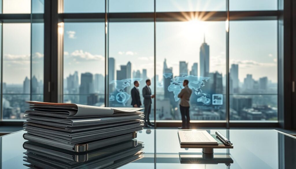 Radiant sunlight filters through sleek, translucent glass panels, illuminating a modern, minimalist office space. In the foreground, a stack of regulatory documents sits neatly on a glass-topped desk, surrounded by elegant chrome accents. The middle ground features a group of engineers in crisp, tailored attire, deep in discussion over holographic schematics, while the background reveals a cityscape of towering skyscrapers, symbolizing the global reach and impact of smart glass technology. The scene conveys a sense of professionalism, innovation, and meticulous attention to compliance, perfectly encapsulating the "Regulatory Considerations for Smart Glass" section of the article.