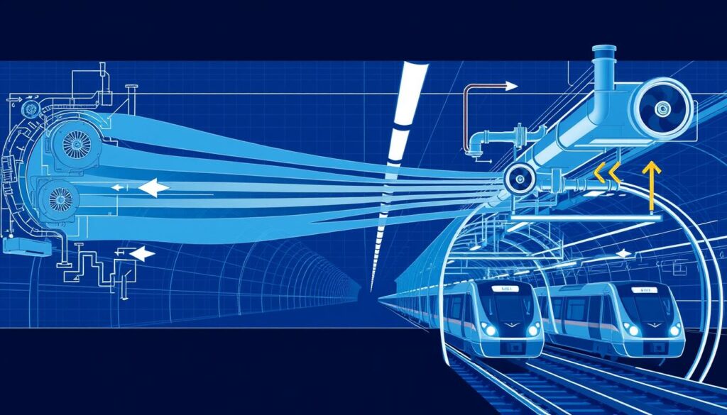 Rail tunnel ventilation system showing airflow patterns during normal operation with visible air currents and ventilation equipment