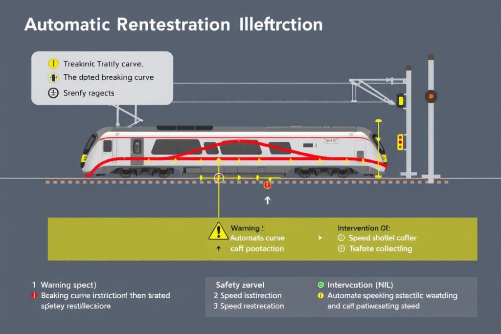 Railway automatic train protection system showing train braking curve and safety zones Railway automatic train protection system showing train braking curve and safety zones