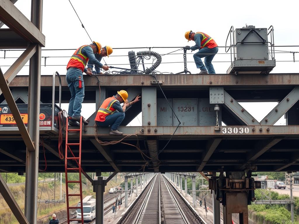 Railway bridge maintenance activities showing inspection and repair work Railway bridge maintenance activities showing inspection and repair work