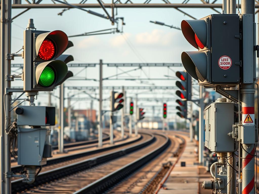 Railway signaling equipment including track circuits, signals, and control cabinets installed alongside railway tracks Railway signaling equipment including track circuits, signals, and control cabinets installed alongside railway tracks