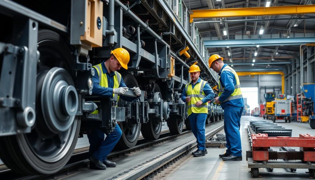 Railway technicians performing rolling stock maintenance on train wheels