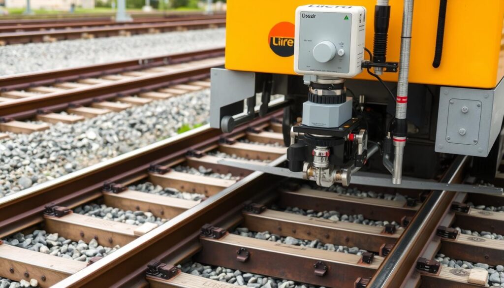 Railway track with measurement equipment highlighting track geometry parameters