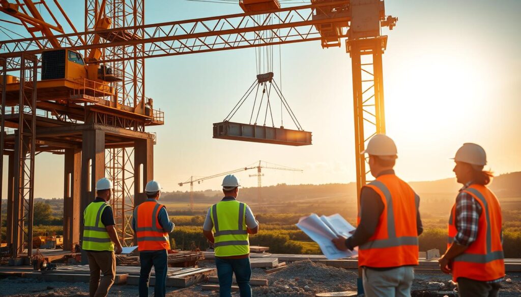 Regulatory compliance in heavy civil construction: A construction site bathed in warm sunlight, with workers in high-visibility vests diligently adhering to safety protocols. In the foreground, a crane lifts a steel beam, its precise movements guided by a skilled operator. In the middle ground, engineers review blueprints and discuss environmental impact assessments, ensuring the project aligns with local regulations. In the background, a serene landscape with lush greenery, hinting at the importance of environmental stewardship in this industry. The scene conveys a sense of professionalism, attention to detail, and a commitment to responsible construction practices.