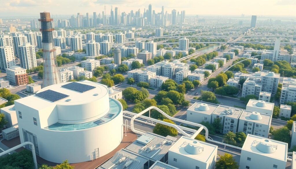 Regulatory framework for decentralized water treatment: a detailed architectural illustration showcasing a cityscape with modern modular water treatment facilities integrated seamlessly into the urban landscape. The foreground features a central processing hub with clean, minimalist lines and sleek solar panels, surrounded by smaller satellite treatment modules dispersed across the neighborhood. The middle ground depicts interconnected pipes and valves weaving through the buildings, conveying the efficient distribution of purified water. In the background, a panoramic view of the city skyline, with towering skyscrapers and lush green spaces, all powered by this sustainable, decentralized water infrastructure. Soft, diffused lighting casts an air of innovation and environmental responsibility, highlighting the harmonious coexistence of technology and nature.