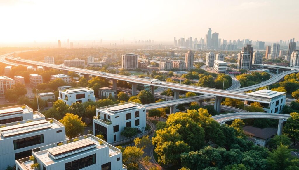 Resilient infrastructure planning, a cityscape bathed in warm, golden light. In the foreground, sleek, modular buildings with integrated renewable energy systems, surrounded by lush, verdant greenspaces. The middle ground features a network of smart, adaptable transportation systems - automated electric vehicles, elevated pedestrian walkways, and efficient public transit. In the background, a panoramic view of the city skyline, showcasing innovative architectural designs that seamlessly blend technology and sustainability. The scene exudes a sense of harmony, balance, and forward-thinking, conveying the integration of cutting-edge engineering solutions for a resilient and livable urban environment.