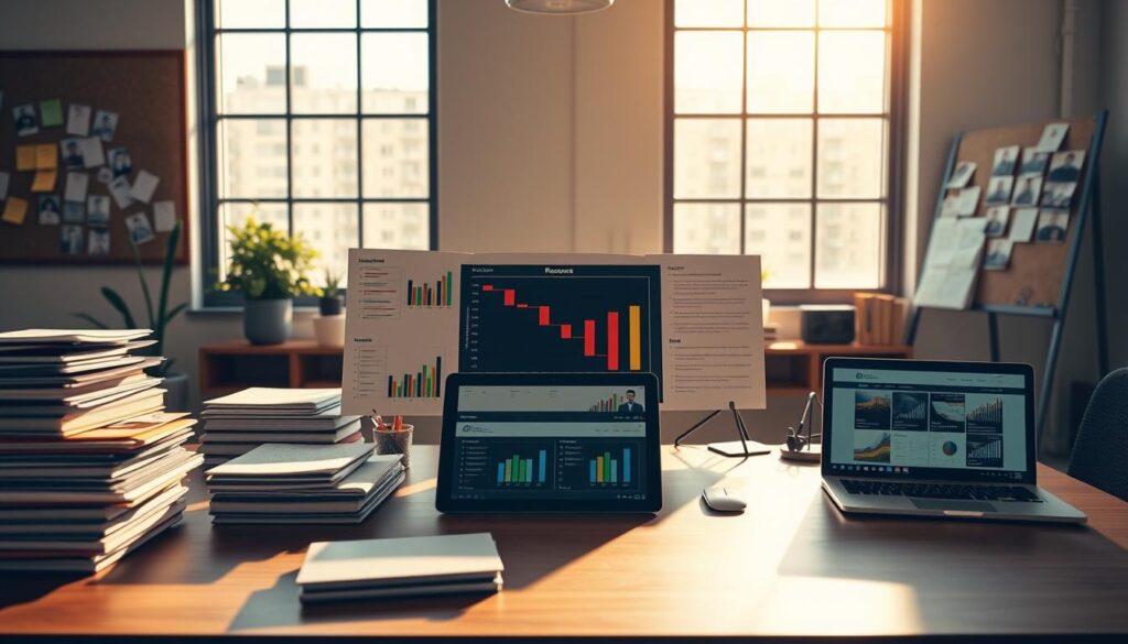 Resource Allocation in Project Management: A serene yet focused office setting with a central desk showcasing colorful charts, graphs, and Gantt charts. Warm, directional lighting from a large window illuminates the scene, casting soft shadows. The desk is surrounded by stacks of organized files, a laptop, and a tablet displaying resource allocation software. In the background, a corkboard with sticky notes and team photos hints at the collaborative nature of resource management. The overall atmosphere conveys a sense of productive efficiency, with the image reflecting the careful planning and optimization required for successful project execution.