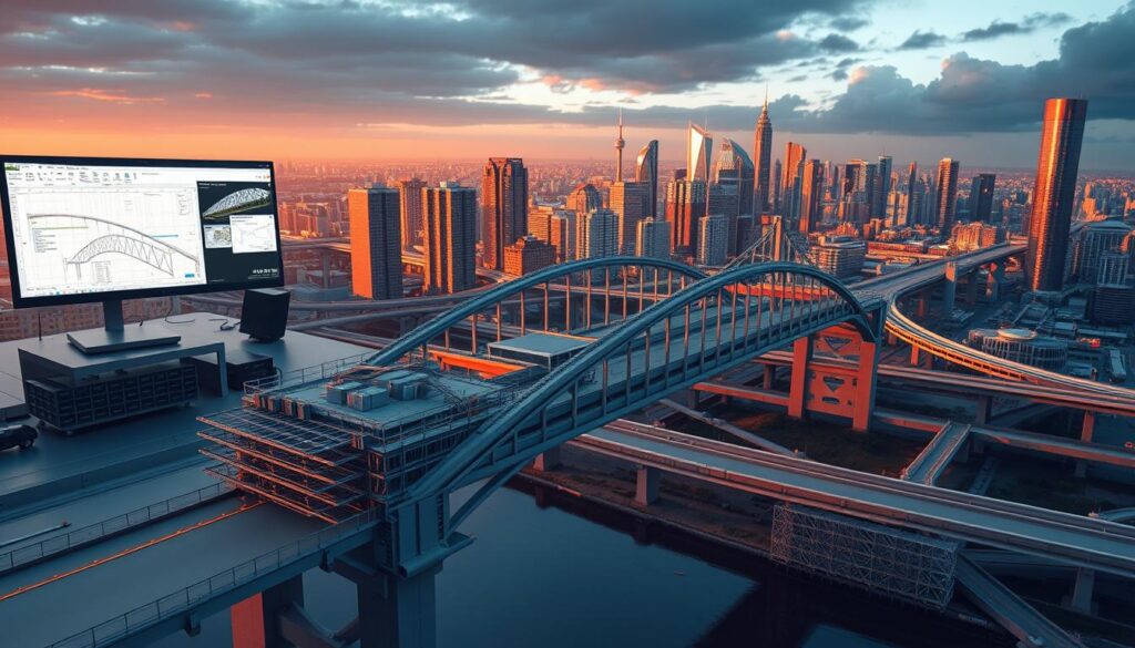 Revit for civil engineering workflows, a modern architectural landscape. In the foreground, a detailed 3D model of a bridge construction project, its intricate structural elements and materials rendered with precision. In the middle ground, an engineer's workstation, Revit interface showcasing design tools and collaborative workflows. The background depicts a cityscape, with towering skyscrapers and sprawling infrastructure, illuminated by warm, directional lighting that casts dramatic shadows, capturing the sense of progress and innovation in civil engineering. The scene conveys the power of Revit to streamline complex projects, enabling engineers to visualize, analyze, and optimize their designs with ease.