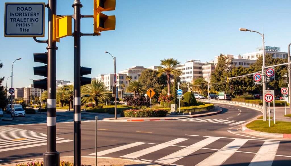 Road safety engineering strategies, signage, and infrastructure visible in a detailed urban scene. In the foreground, an intersection with crosswalks, traffic lights, and pedestrian signals. In the middle ground, a well-maintained roadway with bike lanes and speed limit signs. In the background, buildings and greenery characteristic of a modern city. The scene is bathed in warm, natural lighting, captured with a wide-angle lens to convey a sense of depth and scale. The overall mood is one of order, organization, and a commitment to public safety on the roads.