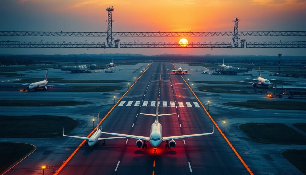 Runway safety technology: a high-resolution aerial view of an airport runway, with a focus on cutting-edge safety systems. In the foreground, sleek aircraft navigate the tarmac, guided by advanced runway lighting and navigation aids. In the middle ground, a complex network of sensors and cameras monitor the runway and airspace, relaying real-time data to the control tower. In the background, the airport terminal and surrounding infrastructure fade into the distance, bathed in the warm glow of sunset. The scene conveys a sense of order, efficiency, and unwavering commitment to passenger safety.