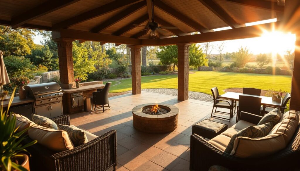 Scenic multi-functional outdoor space with a covered patio, lush greenery, and diverse seating arrangements. A central fire pit or water feature creates a cozy ambiance, while a built-in grill and dining table enable alfresco dining. The space is dappled with warm natural light, creating a welcoming and relaxing atmosphere. In the background, a well-manicured lawn leads to a wooden deck or paved area, seamlessly blending the indoor and outdoor living areas. Architectural details, such as exposed beams or stone accents, add visual interest and a refined aesthetic.