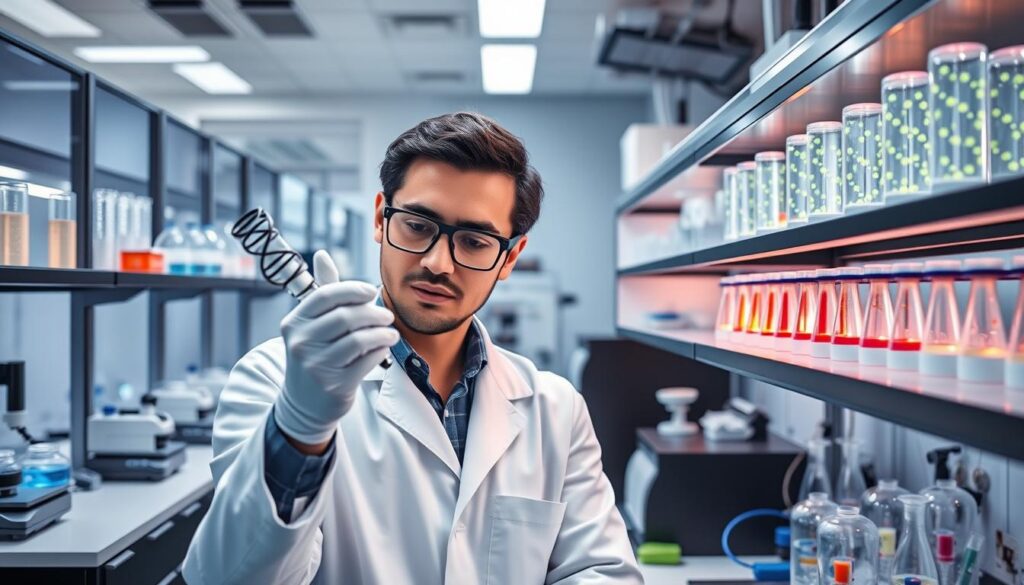 Scientist working in a biotechnology laboratory with DNA models and cell cultures