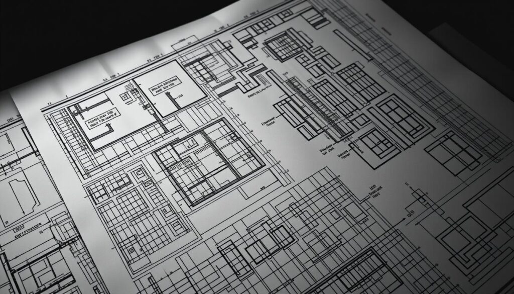 Seismic design regulations, a blueprint for structural resilience. Showcasing a detailed technical schematic, rendered in high-contrast monochrome. Precise architectural plans and engineering diagrams fill the frame, meticulously outlining the guidelines and specifications for earthquake-resistant construction. Rigid grid patterns and bold, clean lines convey the rigorous, systematic nature of these critical codes. A sense of strength and stability radiates from the precise, technical illustrations, hinting at the vital role these regulations play in safeguarding buildings and infrastructure against seismic events. Dim, dramatic lighting casts dramatic shadows, emphasizing the gravity and importance of this subject matter. The overall mood is one of serious, sober professionalism - a visual representation of the exacting standards that protect lives and property.