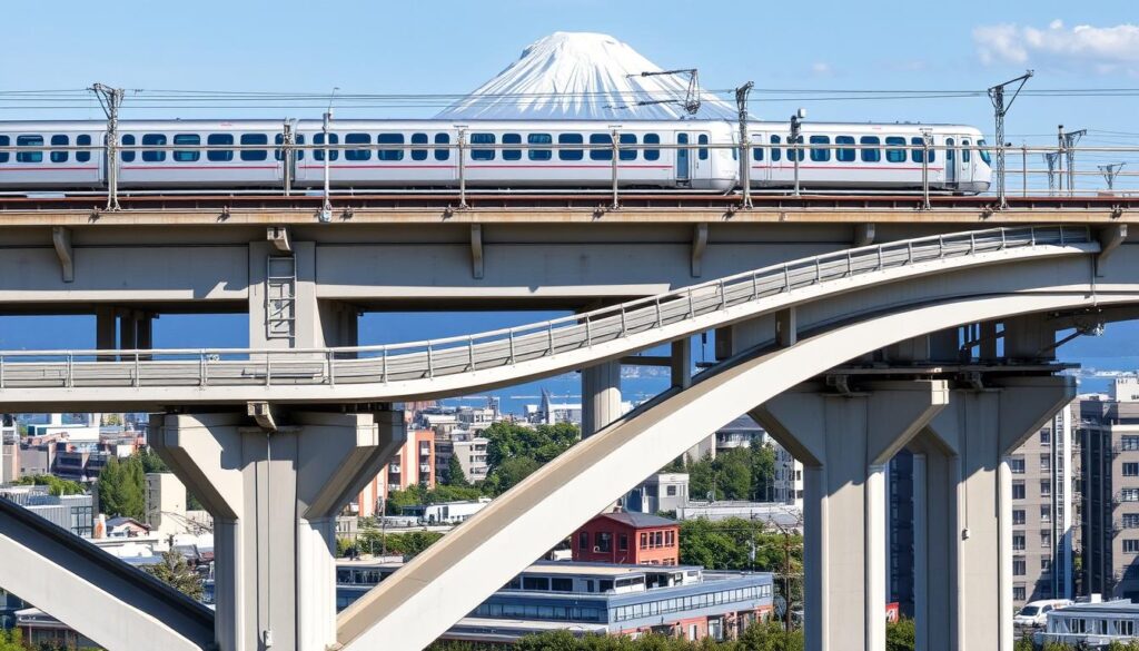 Seismic-resistant railway viaduct in Japan showing specialized structural features Seismic-resistant railway viaduct in Japan showing specialized structural features