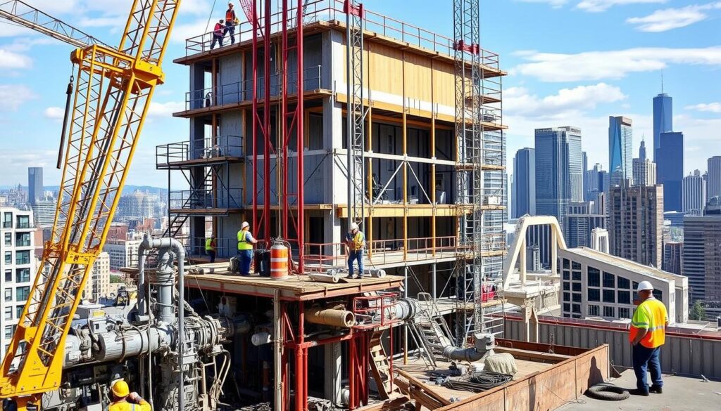 Seismic retrofitting challenges: a complex construction site with cranes, scaffolding, and engineers inspecting an existing building. The foreground features intricate base isolator systems being installed, with workers carefully aligning the components. The middle ground shows the building's facade undergoing reinforcement, with structural beams and braces visible. The background depicts the city skyline, hinting at the urban environment where this critical earthquake-resistant project is taking place. The scene conveys the technical complexity, logistical hurdles, and precise execution required to implement base isolators in an existing structure, all under the watchful eye of safety-conscious professionals.