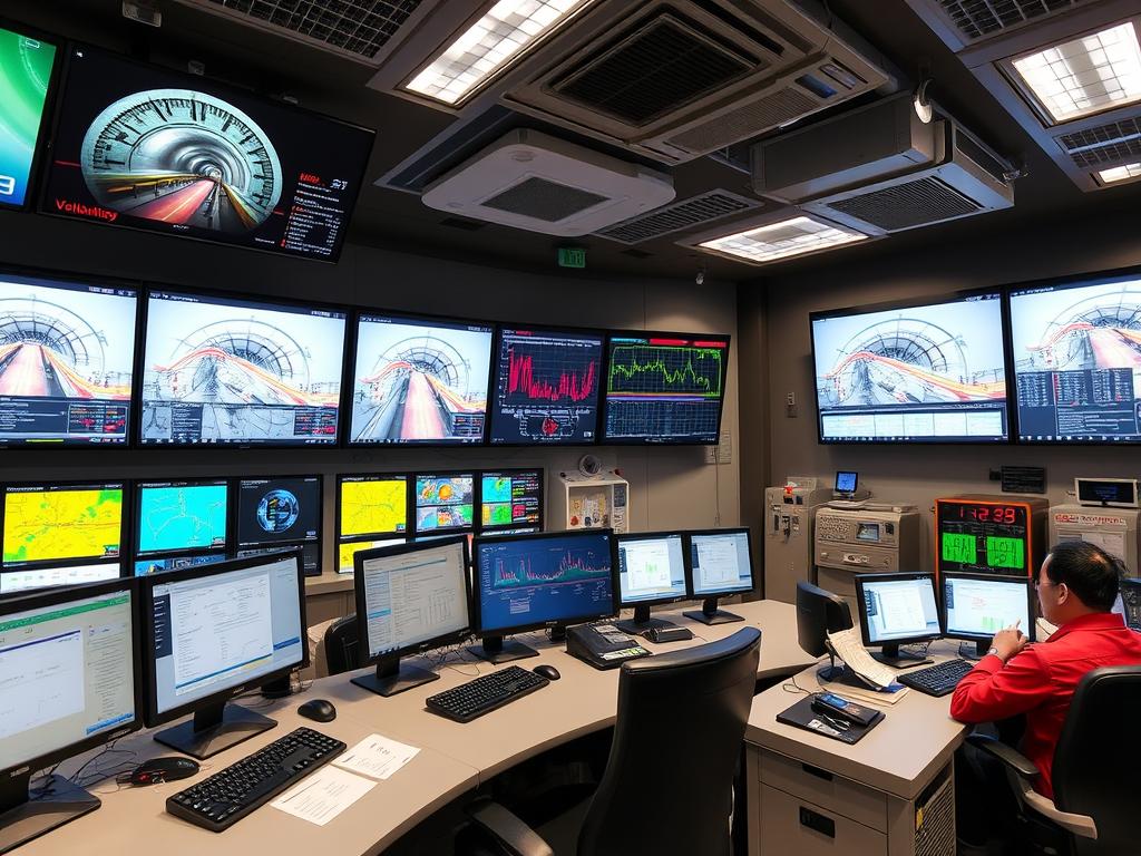 Seoul Metro Line 9 ventilation control center with monitoring screens and control panels Seoul Metro Line 9 ventilation control center with monitoring screens and control panels