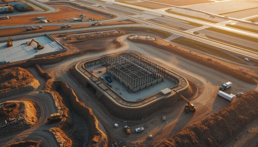 Site development for a commercial or industrial project, captured from an aerial perspective. In the foreground, heavy machinery such as excavators and bulldozers are actively shaping the terrain, carving out foundations and grading the land. The middle ground showcases the beginnings of a new structure, its steel framework rising amidst the dust and activity. In the background, a network of roads and utilities snakes through the landscape, connecting the site to the broader infrastructure. The scene is bathed in warm, golden sunlight, casting long shadows and conveying a sense of progress and productivity. The overall mood is one of organized chaos, with a focus on the efficient transformation of the natural environment into a functional, modern industrial or commercial space.