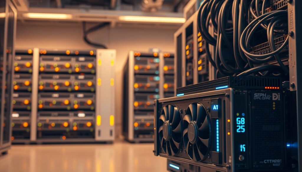 Sleek and modern AI infrastructure hardware components, captured in a high-resolution photograph. In the foreground, a cutting-edge GPU server with intricate cooling systems and LED indicators, surrounded by a array of interconnected network switches and routers. In the middle ground, high-capacity data storage arrays and high-performance CPUs, all bathed in a warm, diffused lighting. In the background, a clean, minimalist server rack system, its neat cabling and blinking status lights creating a sense of technological sophistication. The overall scene conveys the power and complexity of the AI infrastructure required to support advanced machine learning and data processing applications.